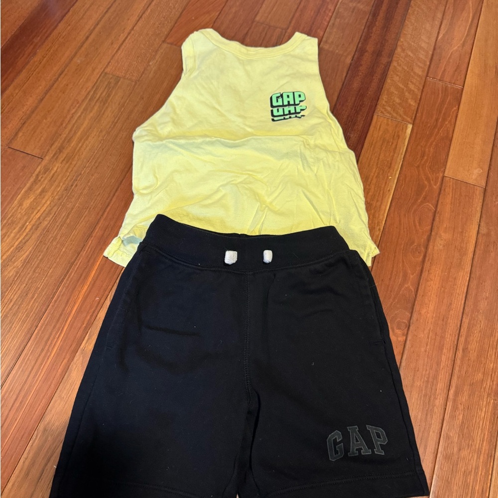 GAP Kids Light Yellow Tee with black shorts